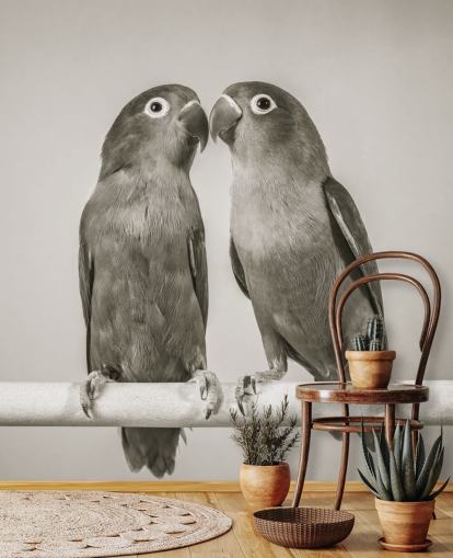 peinture murale d'oiseaux en noir et blanc intitulée Love Birds par Assaf Frank