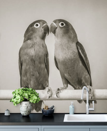 svartvit fågelväggmålning som heter Love Birds av Assaf Frank