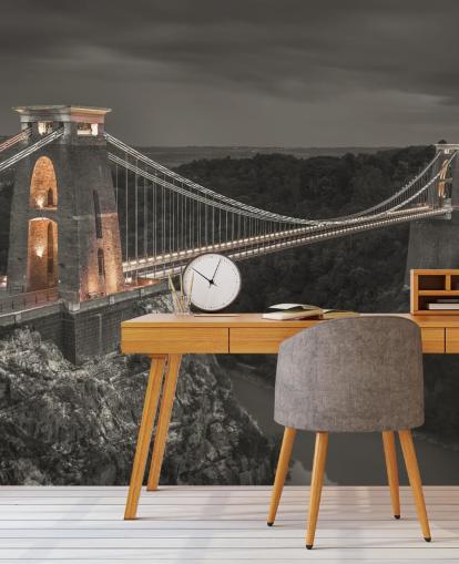 zwart-witte muurschildering met de naam Clifton Suspension Bridge van Assaf Frank