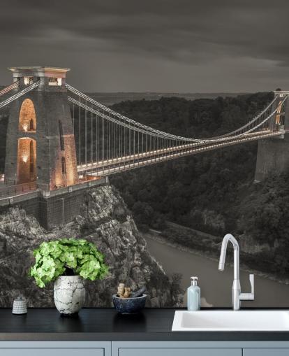 black and white bridge wall mural called Clifton Suspension Bridge by Assaf Frank