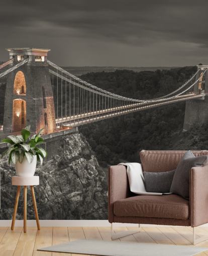 mustavalkoinen sillan seinämaalaus nimeltä Clifton Suspension Bridge, kirjoittanut Assaf Frank