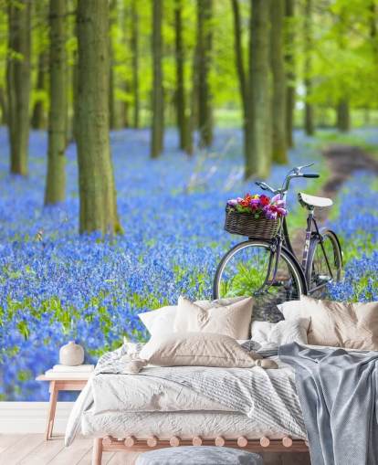 peinture murale bleue et verte de la forêt de jacinthes intitulée Bicycle in Spring Forest par Assaf Frank