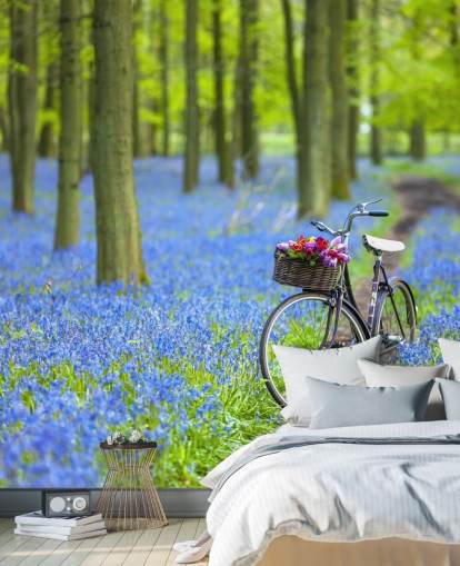murale blu e verde della foresta di campanule chiamato Bicycle in Spring Forest di Assaf Frank murale blu e verde della foresta di campanule chiamato Bicycle in Spring Forest di Assaf Frank