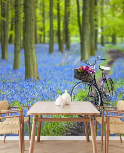 blue and green bluebell forest mural called Bicycle in Spring Forest by Assaf Frank