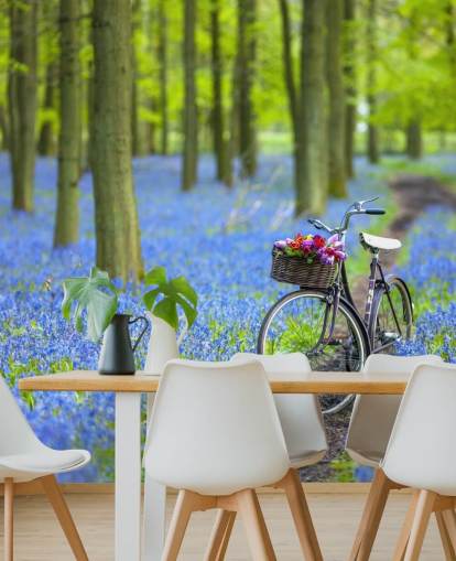 blue and green bluebell forest mural called Bicycle in Spring Forest by Assaf Frank blue and green bluebell forest mural called Bicycle in Spring Forest by Assaf Frank