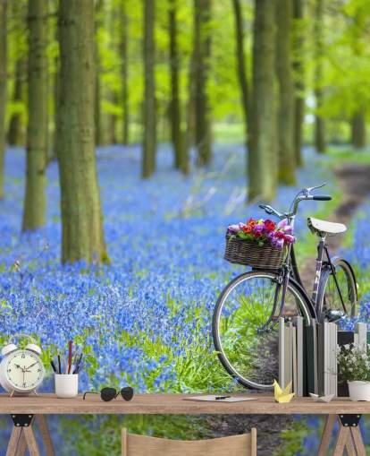 mural de floresta de campânula azul e verde chamado Bicycle in Spring Forest, de Assaf Frank
