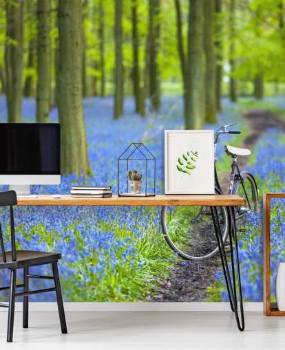 mural de floresta de campânula azul e verde chamado Bicycle in Spring Forest, de Assaf Frank