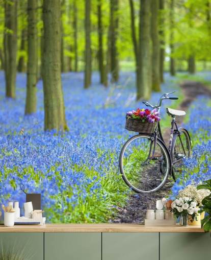 blå och grön blåklocka skogsväggmålning som heter Cykel i vårskogen av Assaf Frank blå och grön blåklocka skogsväggmålning som heter Cykel i vårskogen av Assaf Frank