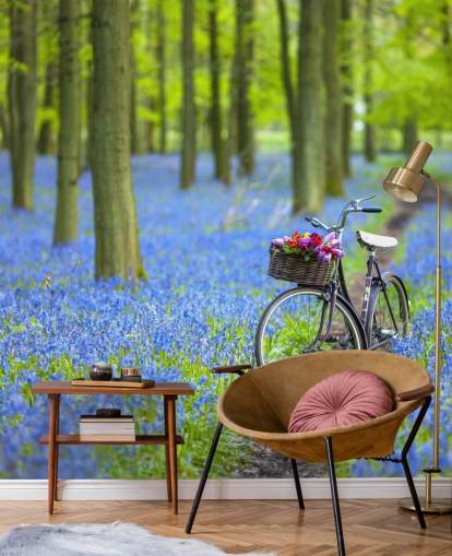 mural de floresta de campânula azul e verde chamado Bicycle in Spring Forest, de Assaf Frank mural de floresta de campânula azul e verde chamado Bicycle in Spring Forest, de Assaf Frank