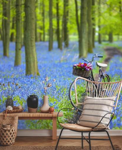 mural de floresta de campânula azul e verde chamado Bicycle in Spring Forest, de Assaf Frank
