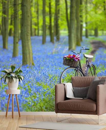 blue and green bluebell forest mural called Bicycle in Spring Forest by Assaf Frank