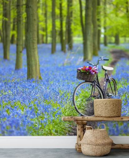 murale blu e verde della foresta di campanule chiamato Bicycle in Spring Forest di Assaf Frank