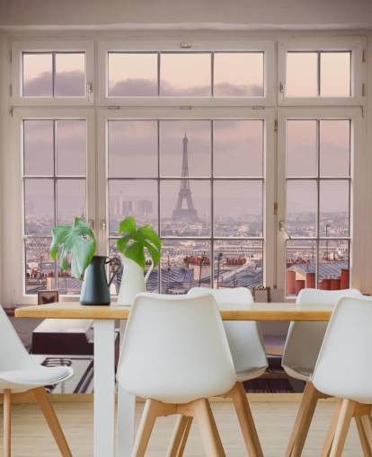 mukautettu Pariisin ikkunan seinämaalaus nimeltä View of Eiffel-torni, kirjoittanut Assaf Frank kotitoimistoon tai keittiöön