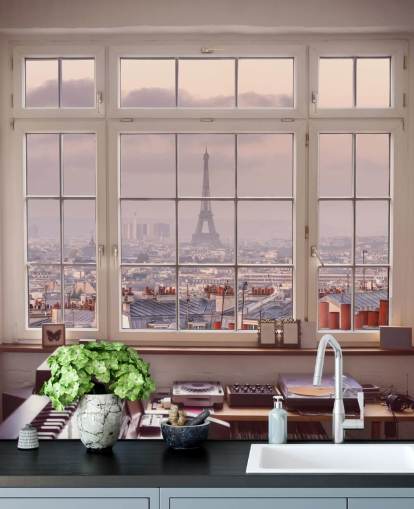 maßgefertigtes Pariser Fensterbild mit dem Titel View of Eiffel Tower von Assaf Frank für das Heimbüro oder die Küche