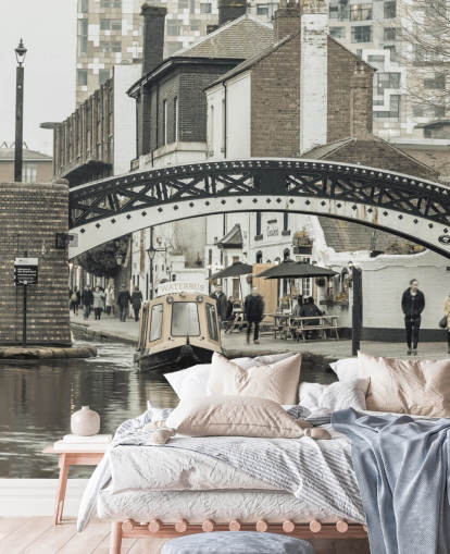 gray custom canal boat mural called Narrow Canal in Birmingham, UK by Assaf Frank
