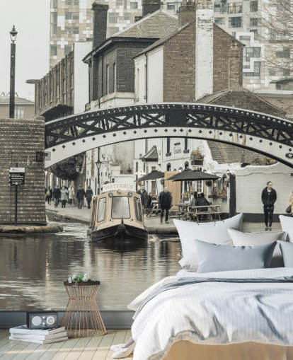 gray custom canal boat mural called Narrow Canal in Birmingham, UK by Assaf Frank