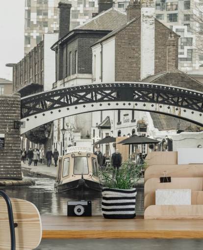 gray custom canal boat mural called Narrow Canal in Birmingham, UK by Assaf Frank