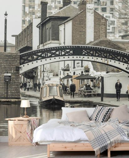 grey custom canal boat mural called Narrow Canal in Birmingham, UK by Assaf Frank