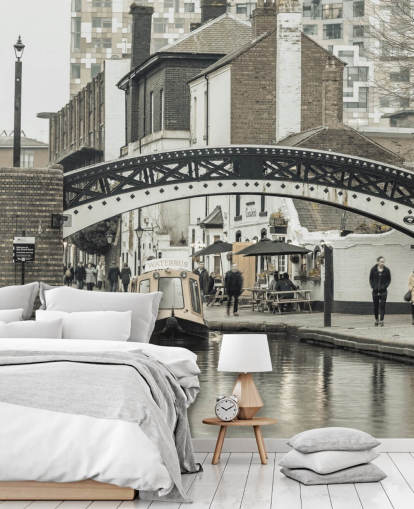 gray custom canal boat mural called Narrow Canal in Birmingham, UK by Assaf Frank