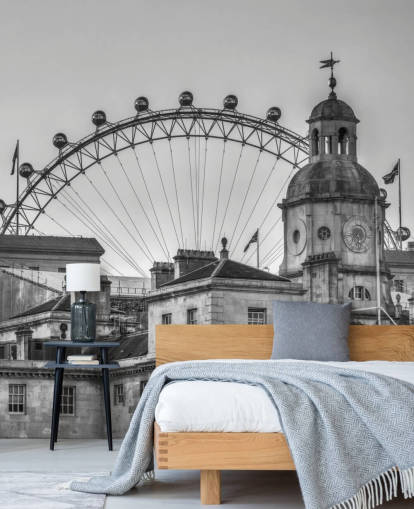 mural londinense en blanco y negro llamado Household Cavalry Museum and London Eye de Assaf Frank
