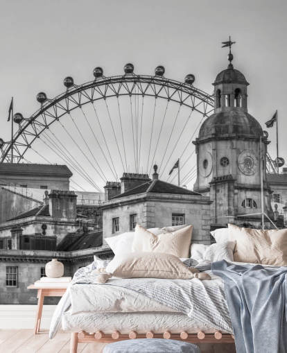 black and white london mural called Household Cavalry Museum and London Eye by Assaf Frank