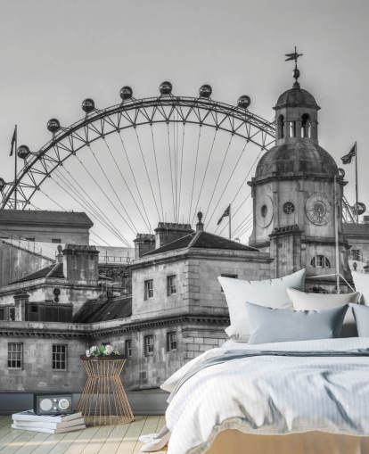 schwarz-weißes Londoner Wandgemälde mit dem Titel Household Cavalry Museum und London Eye von Assaf Frank