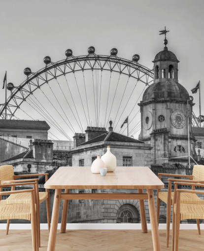 black and white london mural called Household Cavalry Museum and London Eye by Assaf Frank