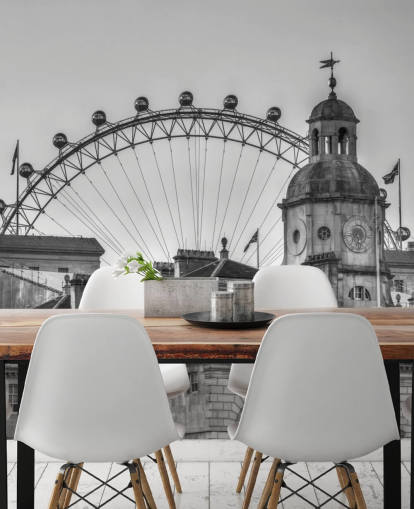 black and white london mural called Household Cavalry Museum and London Eye by Assaf Frank