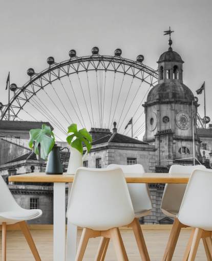 black and white london mural called Household Cavalry Museum and London Eye by Assaf Frank black and white london mural called Household Cavalry Museum and London Eye by Assaf Frank