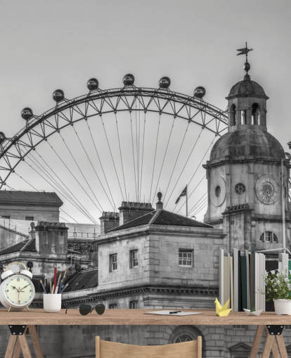 black and white london mural called Household Cavalry Museum and London Eye by Assaf Frank