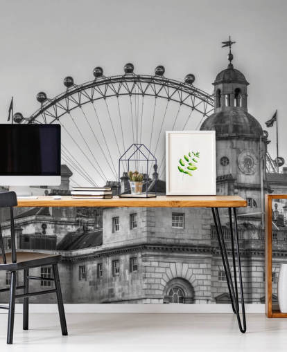 murale londinese in bianco e nero chiamato Household Cavalry Museum e London Eye di Assaf Frank