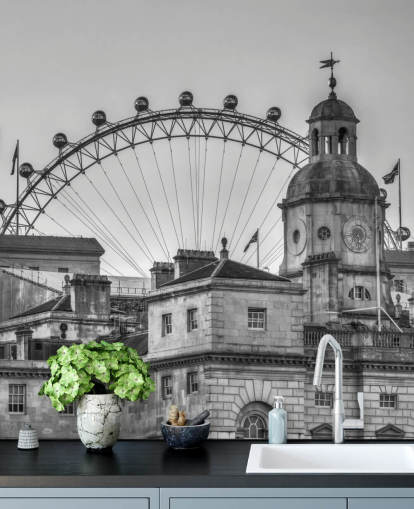 black and white london mural called Household Cavalry Museum and London Eye by Assaf Frank