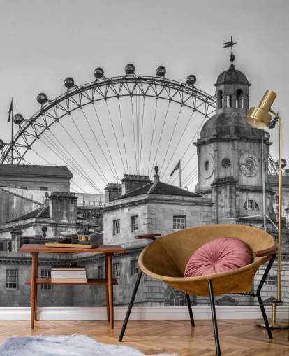 peinture murale noire et blanche de Londres intitulée Household Cavalry Museum et London Eye par Assaf Frank