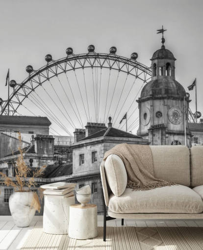 black and white london mural called Household Cavalry Museum and London Eye by Assaf Frank black and white london mural called Household Cavalry Museum and London Eye by Assaf Frank