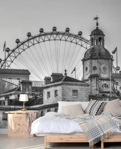 black and white london mural called Household Cavalry Museum and London Eye by Assaf Frank black and white london mural called Household Cavalry Museum and London Eye by Assaf Frank