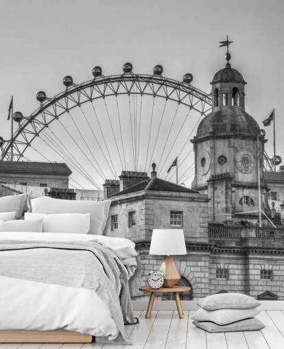 black and white london mural called Household Cavalry Museum and London Eye by Assaf Frank black and white london mural called Household Cavalry Museum and London Eye by Assaf Frank