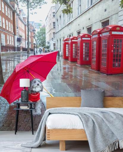 peinture murale rouge et grise de la rue de Londres intitulée London Dog with Umbrella par Assaf Frank