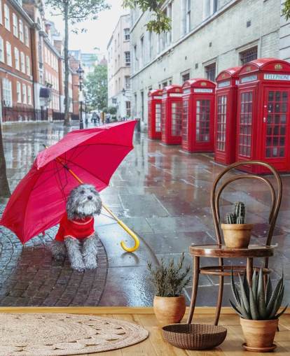 mural callejero rojo y gris de Londres llamado London Dog with Umbrella de Assaf Frank mural callejero rojo y gris de Londres llamado London Dog with Umbrella de Assaf Frank