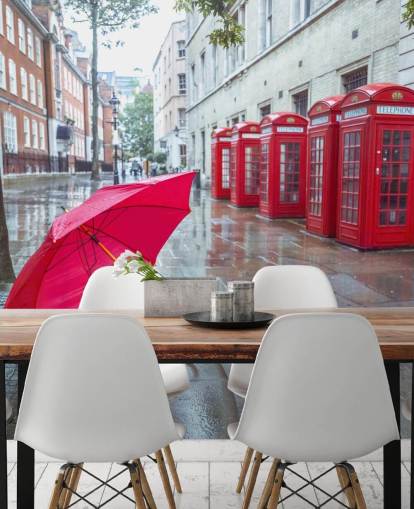 rotes und graues Londoner Straßengemälde mit dem Titel London Dog with Umbrella von Assaf Frank