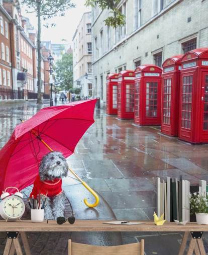 red and grey london street mural called London Dog with Umbrella by Assaf Frank
