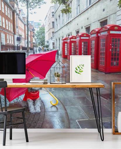 red and grey london street mural called London Dog with Umbrella by Assaf Frank red and grey london street mural called London Dog with Umbrella by Assaf Frank