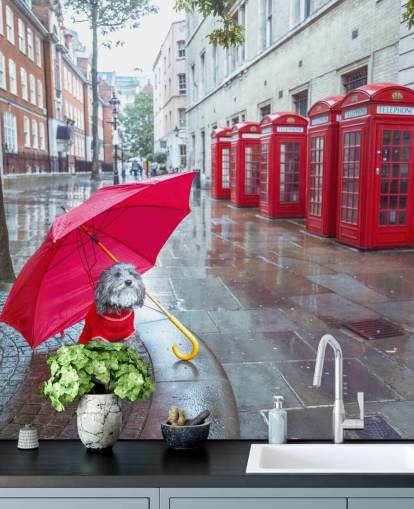 red and grey london street mural called London Dog with Umbrella by Assaf Frank red and grey london street mural called London Dog with Umbrella by Assaf Frank