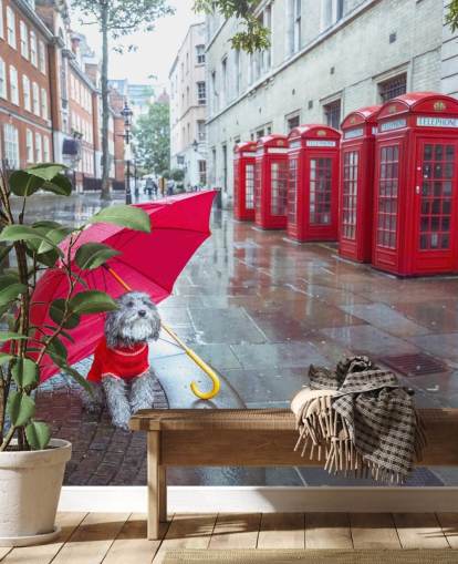 red and grey london street mural called London Dog with Umbrella by Assaf Frank