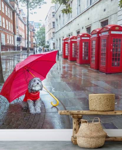 red and gray london street mural called London Dog with Umbrella by Assaf Frank red and gray london street mural called London Dog with Umbrella by Assaf Frank