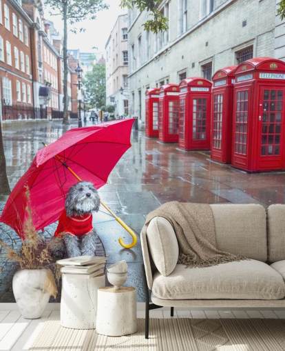 peinture murale rouge et grise de la rue de Londres intitulée London Dog with Umbrella par Assaf Frank peinture murale rouge et grise de la rue de Londres intitulée London Dog with Umbrella par Assaf Frank