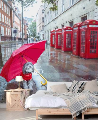 murale londinese rosso e grigio chiamato London Dog with Umbrella di Assaf Frank murale londinese rosso e grigio chiamato London Dog with Umbrella di Assaf Frank