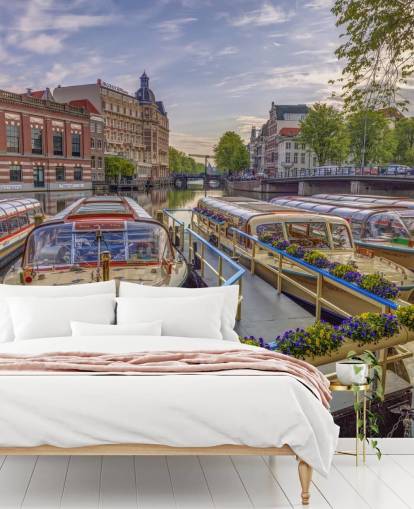 custom photo mural of amsterdam called Canal Boats in Amsterdam by Assaf Frank