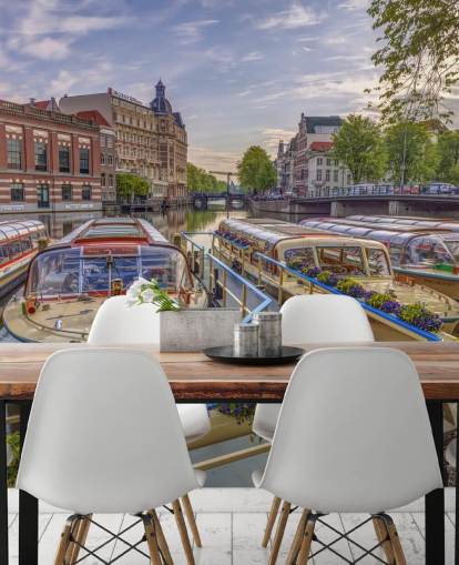 custom photo mural of amsterdam called Canal Boats in Amsterdam by Assaf Frank