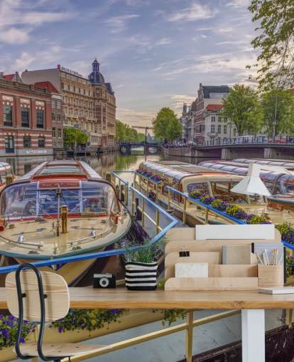 custom photo mural of amsterdam called Canal Boats in Amsterdam by Assaf Frank custom photo mural of amsterdam called Canal Boats in Amsterdam by Assaf Frank
