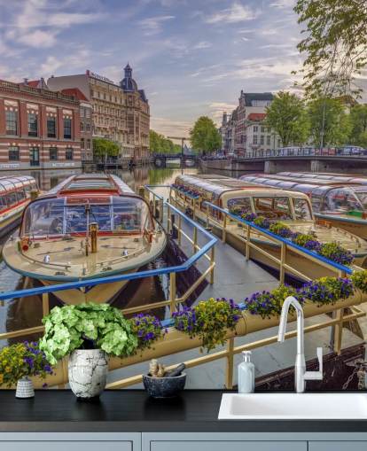 custom photo mural of amsterdam called Canal Boats in Amsterdam by Assaf Frank custom photo mural of amsterdam called Canal Boats in Amsterdam by Assaf Frank
